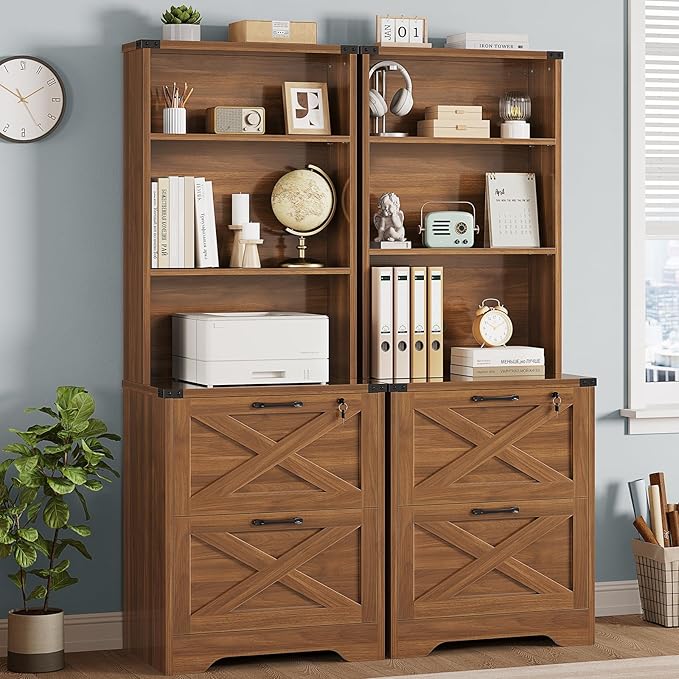 SEDETA 2 Drawer File Cabinet with Lock, Wood Filing Cabinet fits Letter, Legal, A4 Size, Hanging File Folders, Farmhouse File Cabinets for Home Office with Adjustable Storage Shelf (Brown)