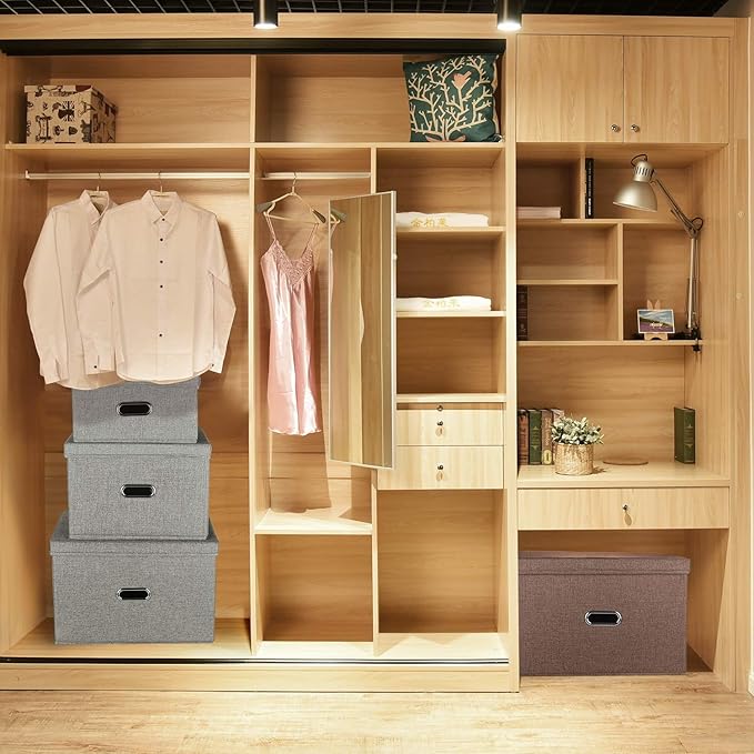 Large Linen Fabric Foldable Storage Bins with Removable Lid and Handles, Washable Storage Box Organizer Containers Baskets Cube with Cover for Bedroom,Office(Black, Medium(2-Pack))