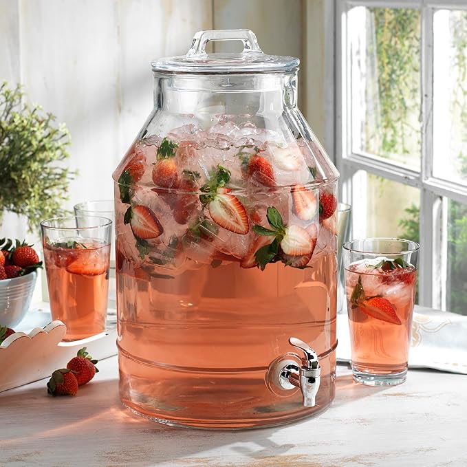 3 Gallon Glass Drink Dispensers For Parties,Classic Mason Jug Beverage Dispensers With Glass Lid With Handle And 100% Leakproof Spigot.Glass Water Jug Dispenser,Lemonade Dispenser