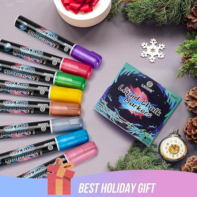 IJIANG Window Chalk Markers Washable, with 10mm Thick Tips for Chalkboard, Windows, Glass, Mirror, Auto, Poster, Bistro, Cars of DIY (10mm Metallic)