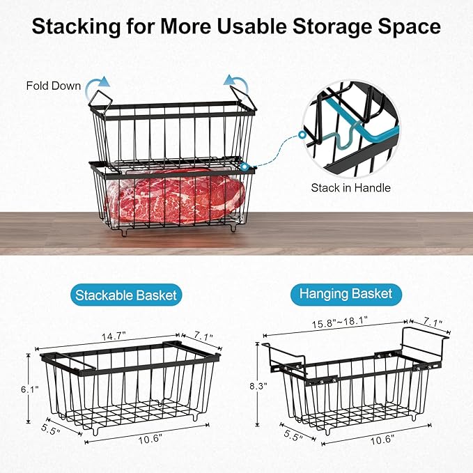 iSPECLE Freezer Organizer Bins - 15.8" to 18.1" Extendable Length Freezer Baskets for Chest Freezer for 7 Cu.Ft Deep Freezer, 2 Hanging Baskets and 4 Stackable Bins, 6 Pack Black