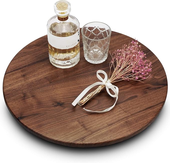 18 Inches Black Walnut Wood Lazy Susan, Solid Wooden Round Kitchen Turntable Rotating Tray