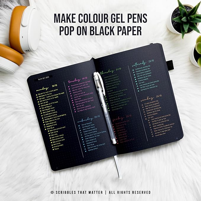 Black Paper Bullet Dotted Journal Notebook | B5 Starry Night by Scribbles That Matter | Free white gel pen | 160gsm Blackout no-bleed dot grid paper | For Men and Women | 7 x 10 in | Black