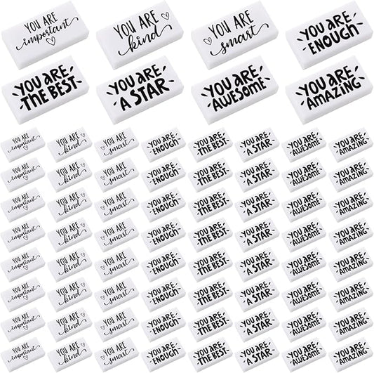 PerKoop 50 Pcs Back to School Inspirational Small Pencil Erasers Bulk for Kids, White Cute Fun Motivational Erasers Gifts for Teachers Students Classroom Reward First Day of School Supplies