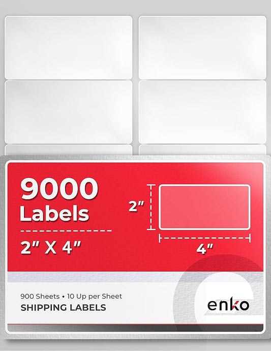 enKo - 2 x 4 Inch Label - White Blank - 10 Up Address Mailing Labels for Laser Inkjet Printer (900 Sheets, 9000 Labels)