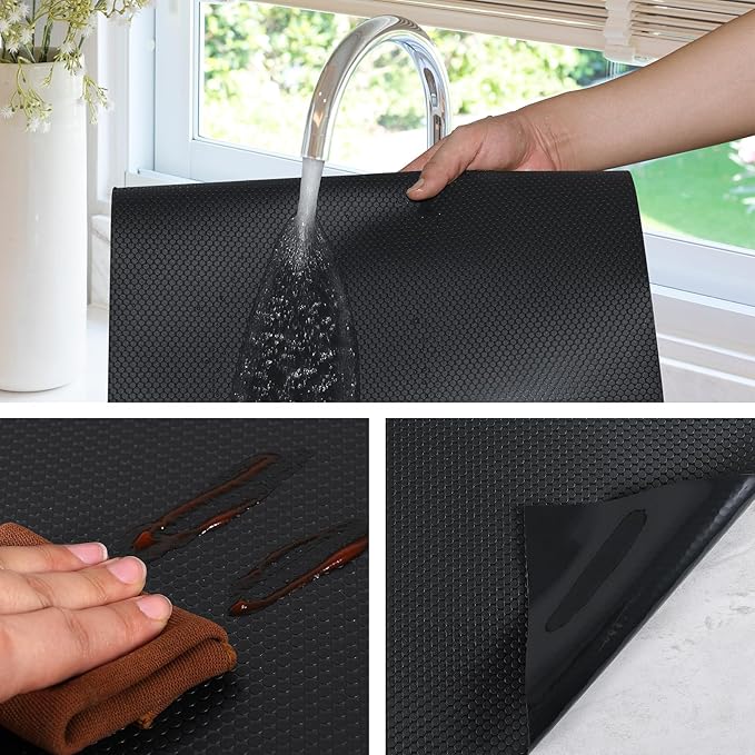 Shelf Liners for Kitchen Cabinets Non Adhesive Drawer Liner for Bathroom Waterproof Refrigerator Liners for Shelves Fridge Plastic Mats Cabinet Cupboard Liner Black 11.8 x 118 Inches