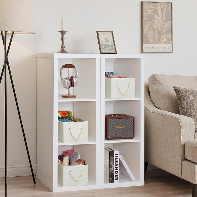 StorageWorks Storage Baskets for Shelves, Foldable Fabric Closet Storage Bins with Handles, Fabric Storage Bins Clothes Organizer, Beige, White & Ivory, 3-Pack, Small