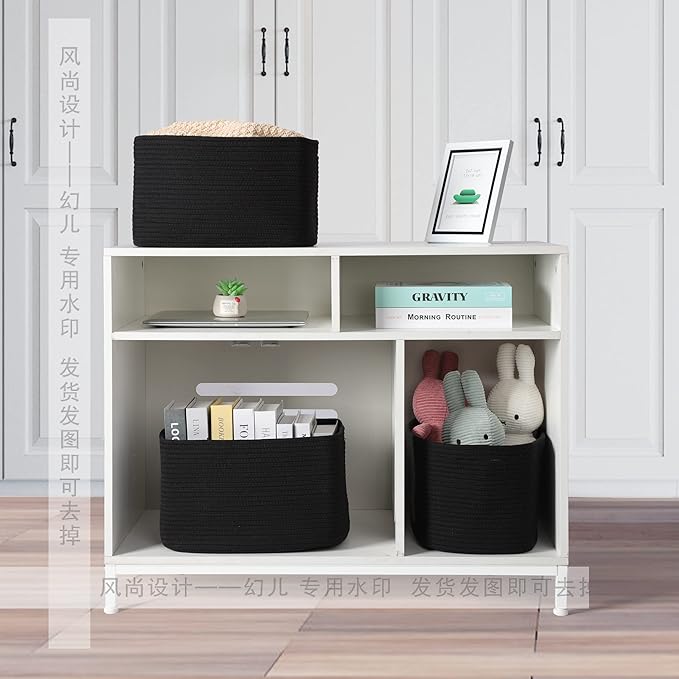 Cotton Rope storage Basket Bins 15X10X9.3“ Woven Basket for Organizing Shelves Rectangle Decorative Baskets For storage Clothes Toys Books Towels Square Wicker Nursery basket organizer 3 pack black