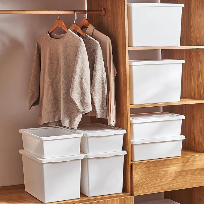 27 Quart White Storage Bins with lids,Stackable Plastic Boxes Set of 4,Storage Box with handle for Organizing Snacks, Crafts,Crafts, Tools,books(white, 4XL)