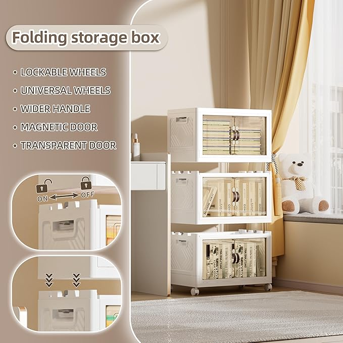 148 QT / 37 Gal Rolling Foldable Storage Cabinet with Stackable Feature - Double Magnetic Doors, Leather Handles, Durable Plastic for Closet/Office, Easy Assembly & Move