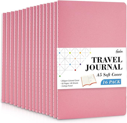 feela 16 Pack Soft Cover Journal Bulk, Lined Notebooks College Ruled for Work for Women Girl Writing, Blank Travel Journal Note Taking Notebook School Business Supplies, 8.2” x 5.5”, A5, Pink