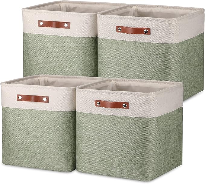 Temary Cube Storage Baskets for Shelves 4pack Fabric Storage Basket for Organizing Clothes, 13 Inch Storage Cubes with Leather Handles, Closet Baskets (White&Green)