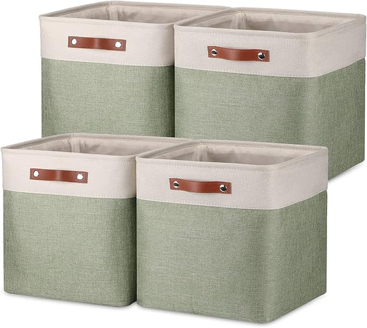 Temary Cube Storage Baskets for Shelves 4pack Fabric Storage Basket for Organizing Clothes, 13 Inch Storage Cubes with Leather Handles, Closet Baskets (White&Green)