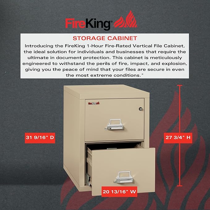 FireKing Vertical 2 Drawer Letter Fire Safe File Cabinet with Key Lock, 1 Hour Fire Rated, UL Rated & Water Resistant Home Safe, Made in The USA, Parchment