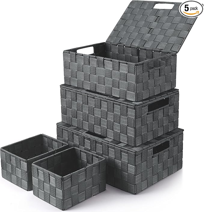 Storage Bins with Lids, Woven Storage Box Organizer Containers Decorative Baskets Cube for Clothes Bedroom Closet Office (5 Pack, Grey)