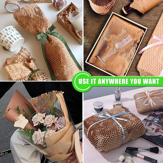 Honeycomb Packing Paper, MINHAO 15"x400' Eco Friendly Packing Paper for Moving Recyclable Honeycomb Paper Moving Supplies Bubble Paper Wrapping Protective Roll, With 36 Fragile Sticker Labels