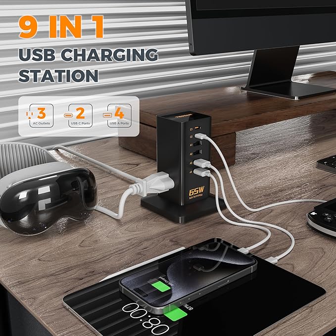 USB Charging Station for Multiple Devices 10Ft Cord, TESSAN 9-in-1 USB C Charger Block PD 65W for iPhone 17/16, MacBook, Tablet, Type C Desktop Charger with 3 AC, Home Travel Office Accessories