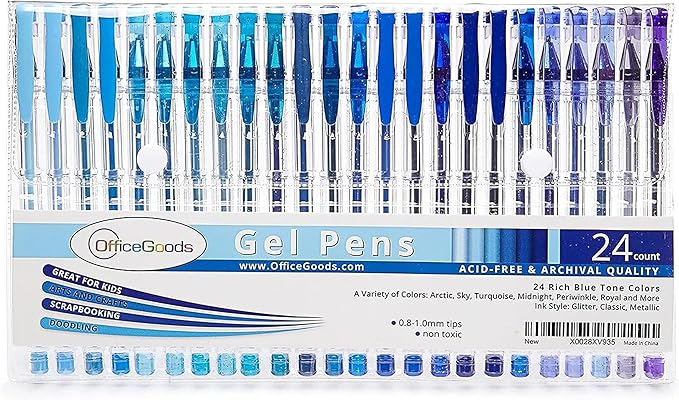 OfficeGoods Blue Gel Pens with Refills – Colored Adults Coloring Art – Medium 0.8-1.0mm Tips – Non-Toxic Gel Pens Set – Quick Dry Smudge-Free 24 Pack Colors