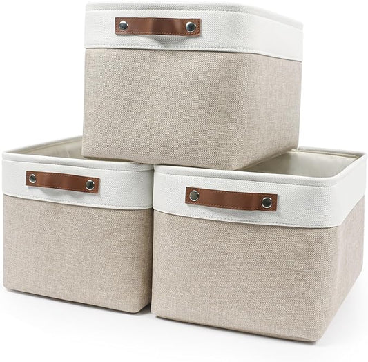 Storage Bins Large Fabric Storage Baskets for Shelves 3 Pack, Decorative Linen Closet Baskets with Handles for Organizing, Shelf, Clothes, Home, Office, 15x11x9.5Inches (Beige&White)