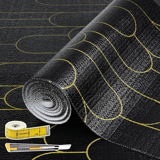 Shelf Liners for Kitchen Cabinets Drawer Liner 12in x 20FT Non Adhesive Black Gold Line Thickened Refrigerator Shelf Liner Paper Strong Easy to Clean for Tool Box with Knife and Tape Measure