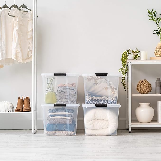 IRIS USA 72 Qt Stackable Plastic Storage Bins with Lids, 6 Pack - BPA-Free, Made in USA - See-Through Organizing Solution, Latches, Durable Nestable Containers, Secure Pull Handle - Clear