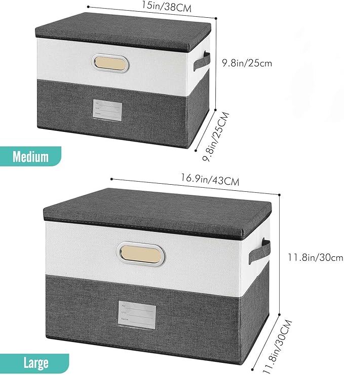 Large Linen Fabric Foldable Storage Bins with Removable Lid and Handles, Washable Storage Box Organizer Containers Baskets Cube with Cover for Bedroom,Closet,Office (Coffee&Cream, Medium)