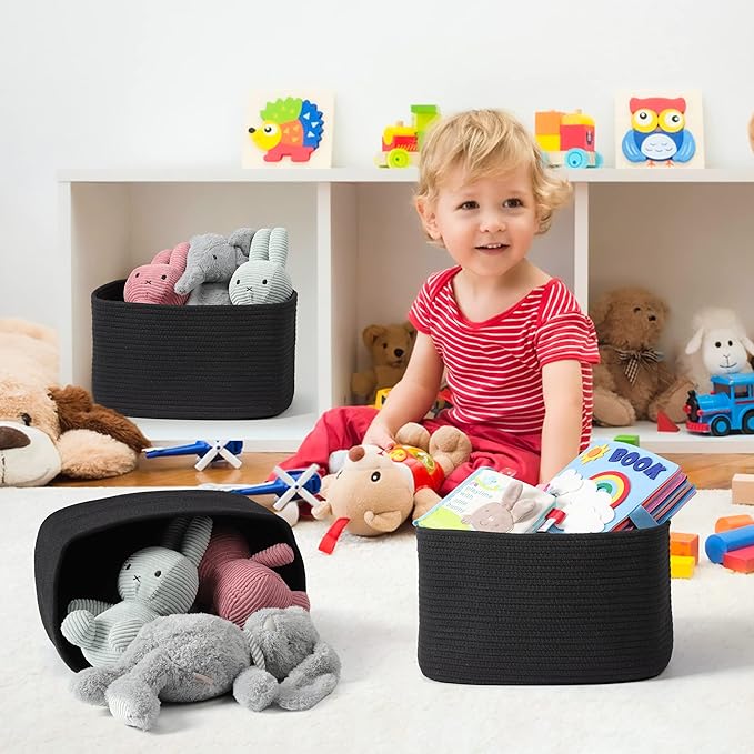 Cotton Rope storage Basket Bins 15X10X9.3“ Woven Basket for Organizing Shelves Rectangle Decorative Baskets For storage Clothes Toys Books Towels Square Wicker Nursery basket organizer 3 pack black