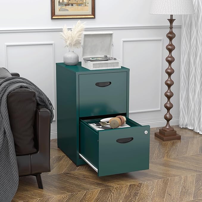 2 Drawer File Cabinet, Metal Two Drawer Vertical File Cabinets with Lock, 18" D Storage Filing Cabinet for Home Office, Steel Light Duty Storage for Letter-Size Files, Green, Assembly Required
