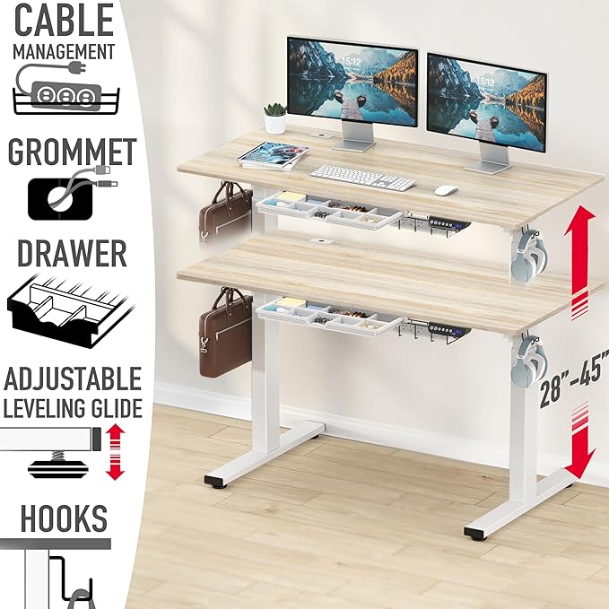 SHW 55 x 28 Inches Electric Height Adjustable Standing Desk with Drawer and Memory Preset, Maple