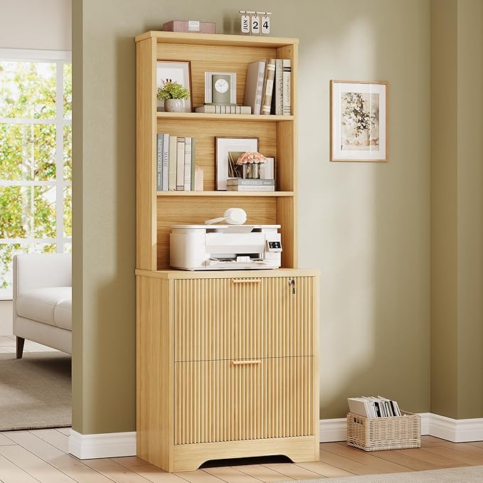 SEDETA 2 Drawer File Cabinet with Lock, Wood Filing Cabinet fits Letter, Legal, A4 Size, Hanging File Folders, Farmhouse File Cabinets for Home Office with Adjustable Storage Shelf, Natural Oak