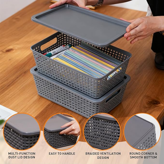 Plastic Storage Baskets With Lid, Storage Bins for Organizing, Stackable Decorative Containers for Shelves Drawers Desktop Closet Playroom Classroom Office, 8 Pack-Grey