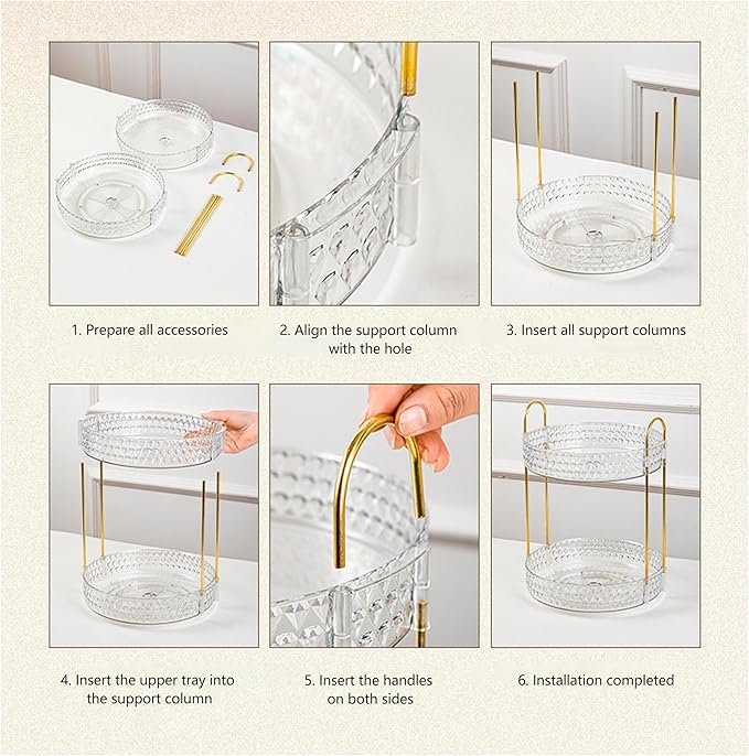 Double Layered Glass Tray with Golden Handles, Circular Decorative Storage Rack, Cosmetics, Dining Table, Bathroom, Bedroom, attic, Outdoor Small Items are Easy to find