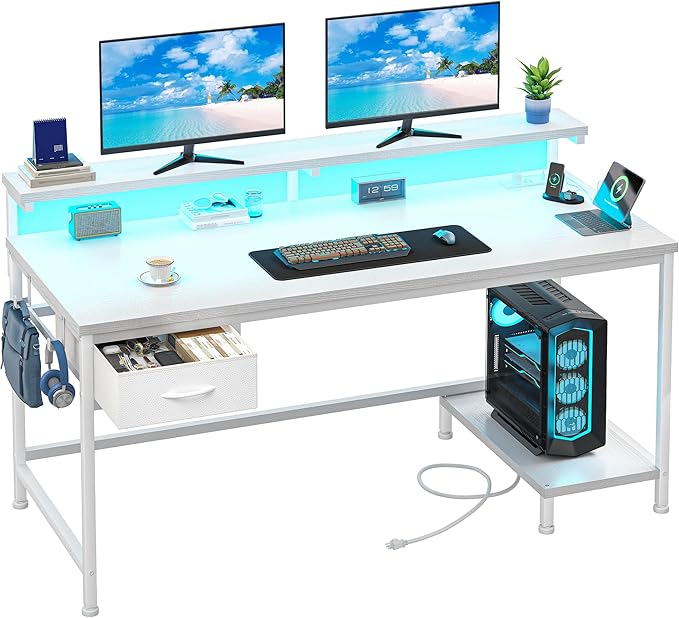 Computer Desk with Ergonomic Monitor Stand & CPU Stand,47.2" Gaming Desk with 1 Drawer & Power Outlet & LED Lights for Home Work, Bedroom Study and Gaming, Small Spaces,White