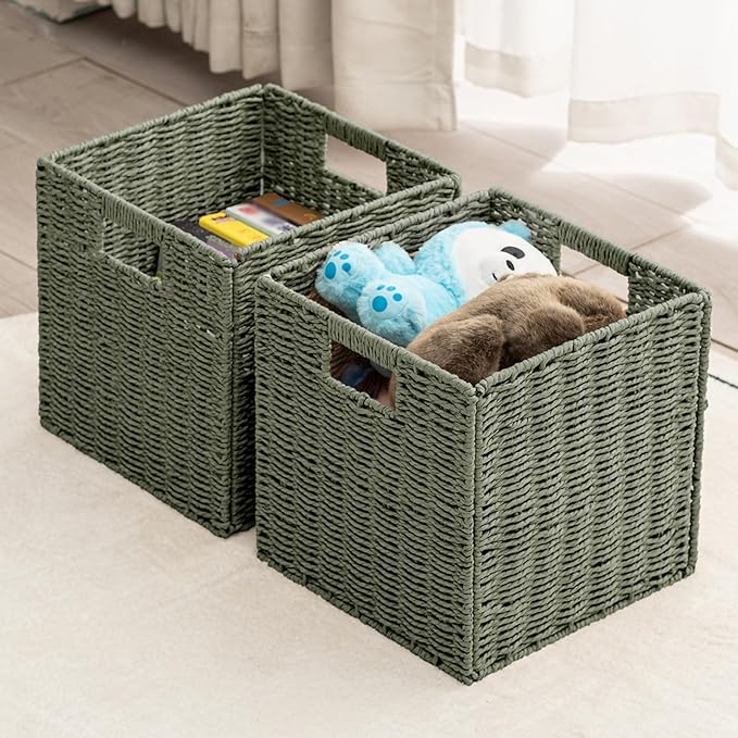 Handwoven Paper Woven Cube Basket Organizer with Handles set of 4 Foldable Storage baskets for Bedroom Living Room Cubby Storage Units for Clothes Books Toys (Green, 13" L x 13" W x 13" H)