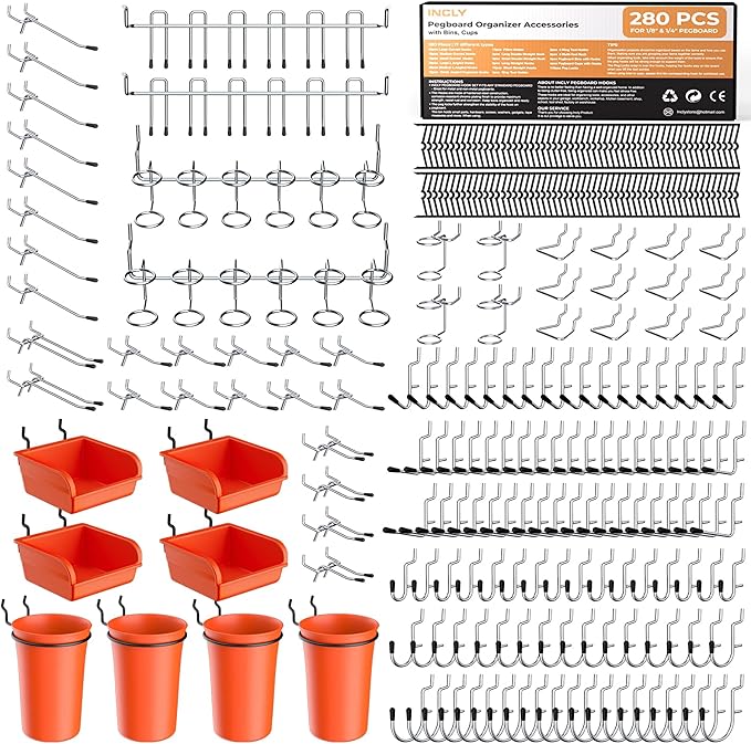 INCLY 280PCS Upgraded Pegboard Accessories Organizer Kit, Peg Board Hooks Assortment with Bins & Cups for Organizing Tools, Fit 1/8 or 1/4 inch Pegboard for Garage Workshop Wall Hanging Tools