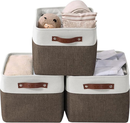 DECOMOMO Storage Baskets for Shelves - Fabric Storage Bins, Linen Closet Organizers and Storage (Brown & White, XL - 3 Pack)