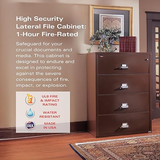 FireKing Lateral 4 Drawer Legal and Letter Fire Safe File Cabinet with Key Lock, 1 Hour Fire Rated, UL Rated & Water Resistant Home Safe, Filing Cabinet, Made in The USA, Black