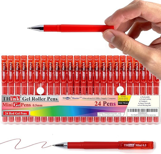 THINK2MASTER [24 Pens - Red Ink Think2 0.5mm Pocketable Mini Gel Pens. (24 Red) Fine Point Small Rollerball Pens with Smooth Quick Drying Ink.