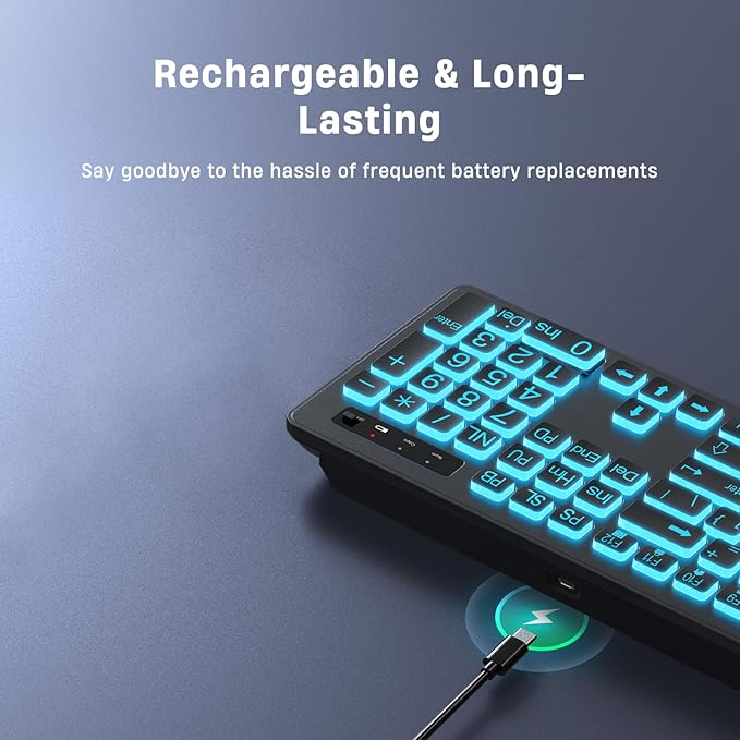Large Print Backlit Wireless Keyboard, 2.4G Silent Wireless Light Up Keyboard, Full Size Computer Keyboards with 7 Colored Backlits, Rechargeable Keyboards for Windows, PC, Laptop