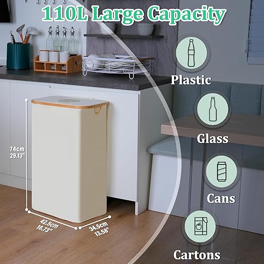 29 Gallons Recycling Bins for Kitchen, Indoor Recycle Bins with Lid, 110L Large Recycle bin with 2 Removeable Reusable Inner Bags, for Bottles Cans Glass Plastice Cartons(Beige)