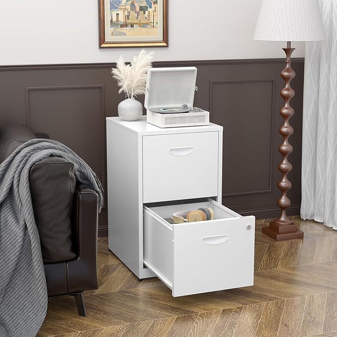 2 Drawer File Cabinet with Lock, Metal Two Drawer Vertical Filing Cabinets, 18" Deep White Filing Cabinet for Home Office, Steel Light Duty Storage for Letter-Size Files - Assemly Required