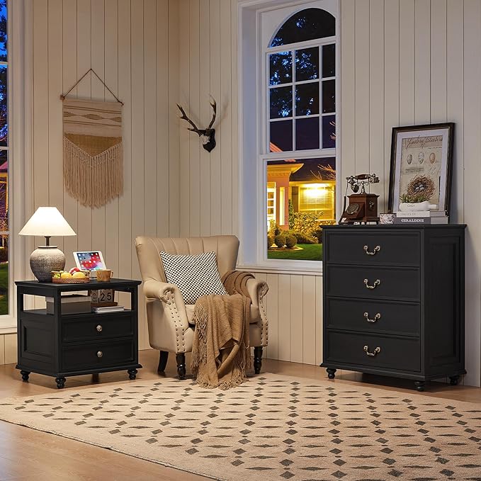 Farmhouse 4 Drawer Dresser for Bedroom, 37" Tall Rustic Chests of Drawers w/ 4 Solid Wood Feet, Mid Century Modern Wooden Closet Storage Dressers Organizer for Living Room, Hallway, Black