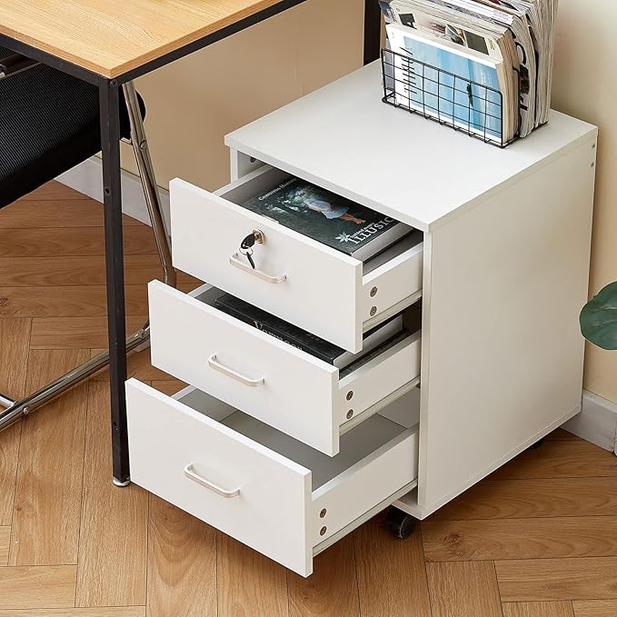 TUKAILAi Mobile File Cabinet with 3 Drawers, Lockable Storage Unit Wooden Rolling Office Filing Cabinet with Wheels, for Legal/Letter/A4 Sized Documents Home Office (White 2PCS)