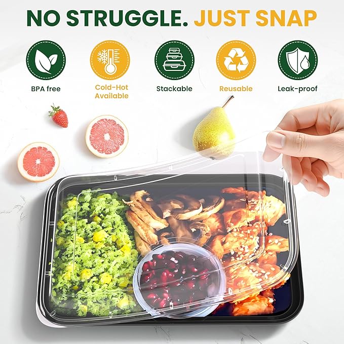 32oz Meal Prep Containers [50-Pack], Reusable Bento Box with Easy-Snap Leakproof Lids - Microwave, Dishwasher & Freezer Safe Food Storage, BPA-Free Plastic Lunch Containers (Black)