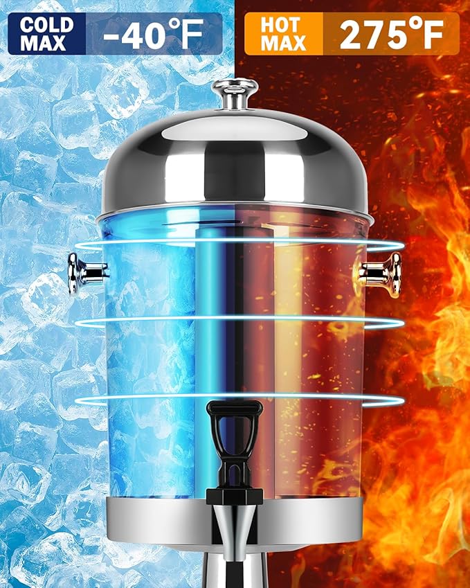 2 Gallon Drink Dispensers for Parties, [Easy-to-Clean Drip Tray Design] [Cold & Hot Dual-Use] Beverage Dispenser with Stand & Ice Core, Stainless Steel Juice Dispenser for Home Lemonade, Catering