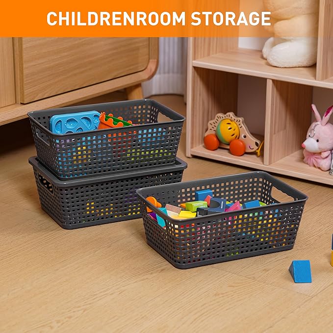 Plastic Storage Baskets With Lid, Storage Bins for Organizing, Stackable Decorative Containers for Shelves Drawers Desktop Closet Playroom Classroom Office,10 Pack-Grey