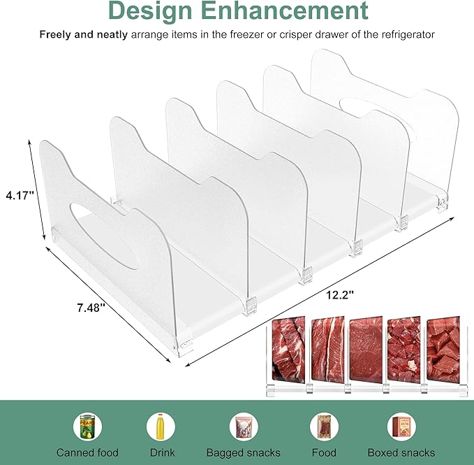 Freezer Organizer 12” Visible Fridge Organizer Rack with Removable Dividers and Handles, Freely Adjustable, Fits Refrigerator Frozen Meals, Lunch Meat Box, Cheeses(White)