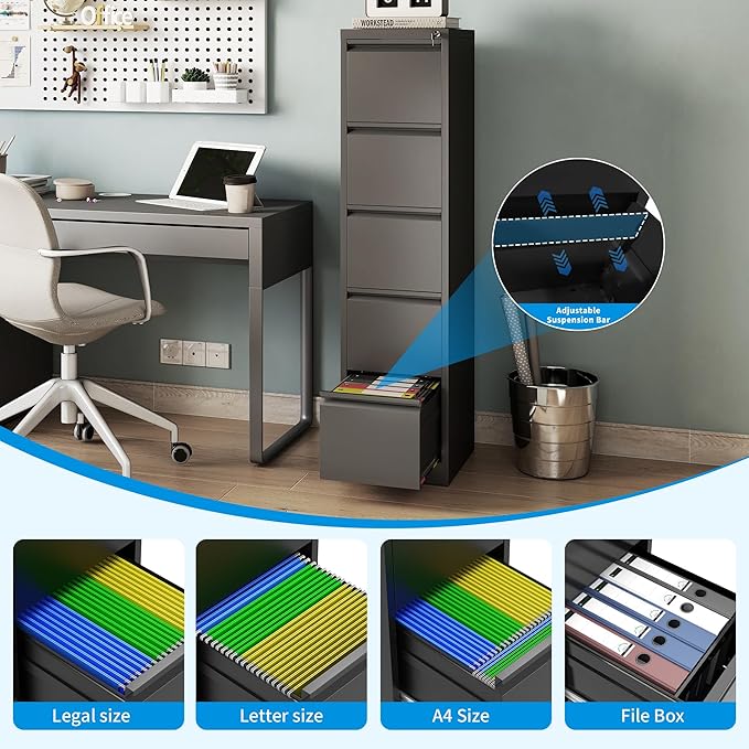 5 Drawer File Cabinet with Lock, Metal Vertical Filing Cabinet for Home Office, 64" Tall Narrow Locking Steel File Cabinets with Drawers, Storage for Legal/Letter/A4/F4, Easy Assemble (Black)