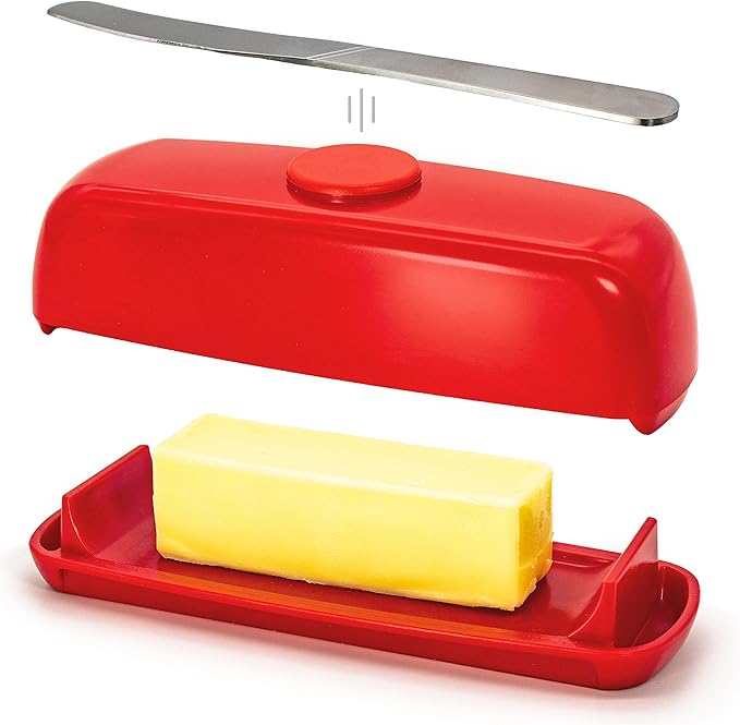Butter Hub Butter Dish with Lid and Knife, Magnetic Butter Keeper, Easy Scoop, No Mess Lid, Plastic, Dishwasher Safe (Red)