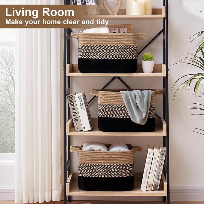 Storage Basket for Organizing, Woven Baskets for Storage, Rectangle Decorative Baskets for Shleves, Closet, Toys, Books, Nursery Organizer Bins - Pack of 3 (Black & Brown, 13"x9.85"x8.7")
